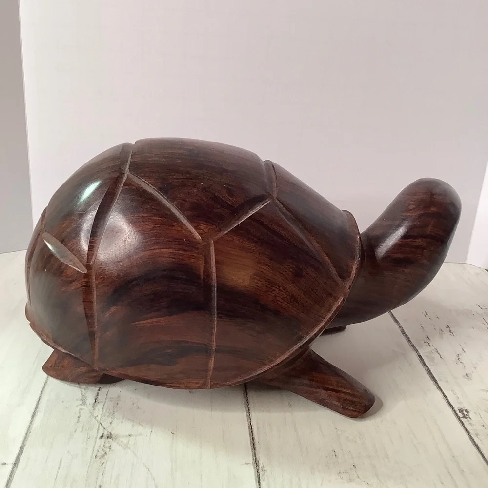 Vintage Handmade Wooden Turtle Statue Carved Wood Folk Art Animal Figurine